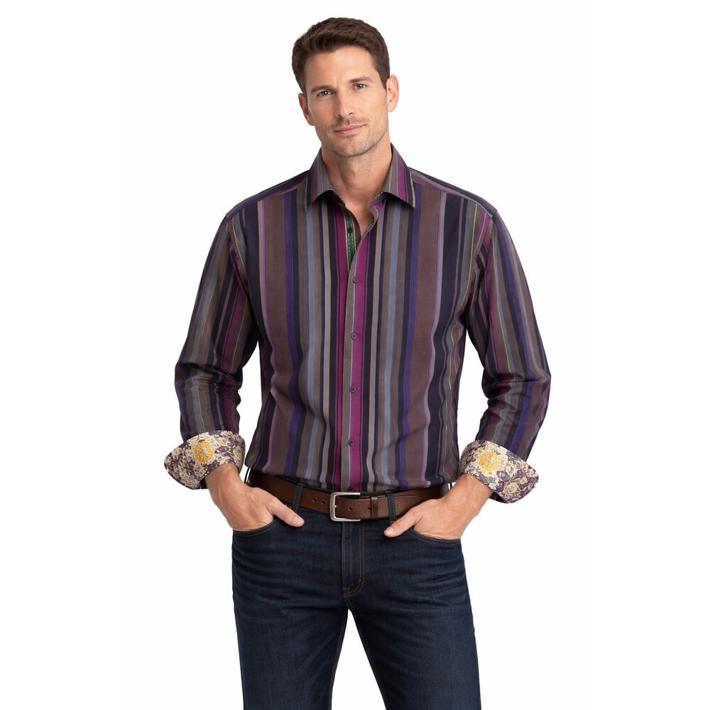 ROBERT GRAHAM Men's MEDIUM Strip Shirt Multicolor Flip Cuff Cotton Silk‎ Trim